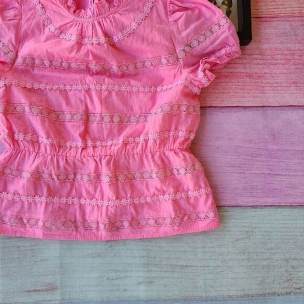 J. Crew Bright Pink Daisy Chain Lace‎ Trim Puff Sleeve Peplum Top Small Modest - Picture 3 of 5